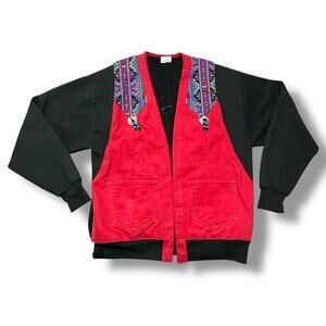 Vintage 90s Jerzees Southwestern Cardigan Reworked Jacket Red Aztec Concho Sz L